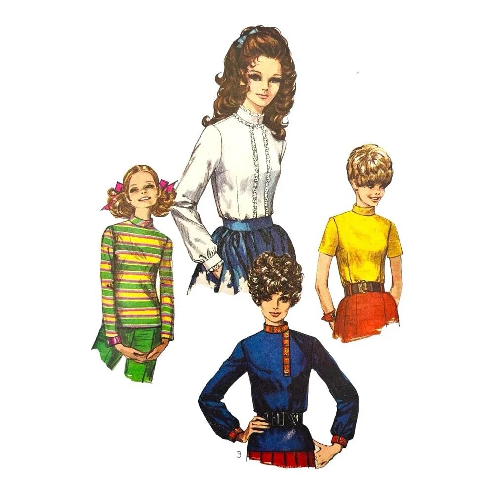 VTG 1968 Simplicity Sewing Pattern Yng Jr / Teen Blouses 4-Styles Sz 13/14 #7734
